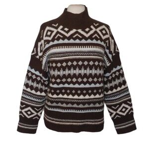 Sundance Fair Isle Mock Neck Wool Blend Sweater Brown Cream Blue Size XXL